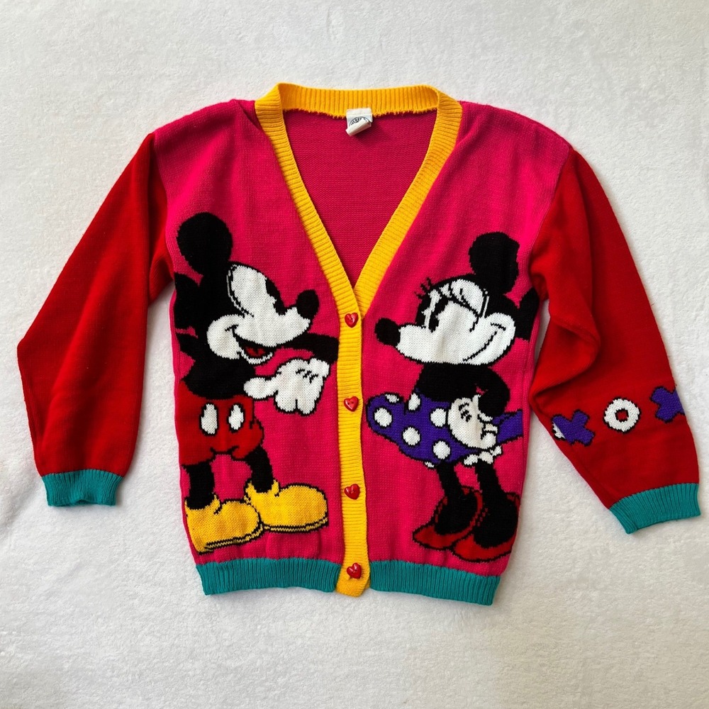 Vintage Mickey & Co Cardigan Pink Red Mickey Minnie Mouse Heart Button - Large